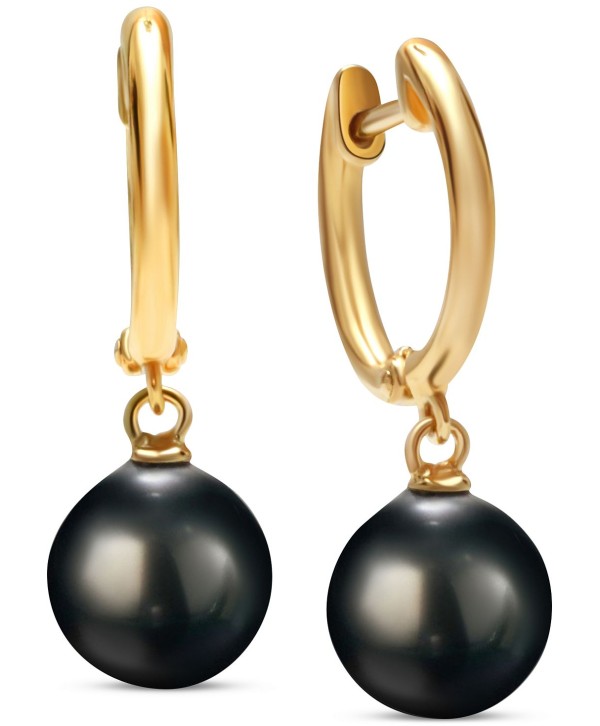 Cultured Tahitian Pearl (9mm) Dangle Hoop Drop Earrings in 14k Gold-Plated