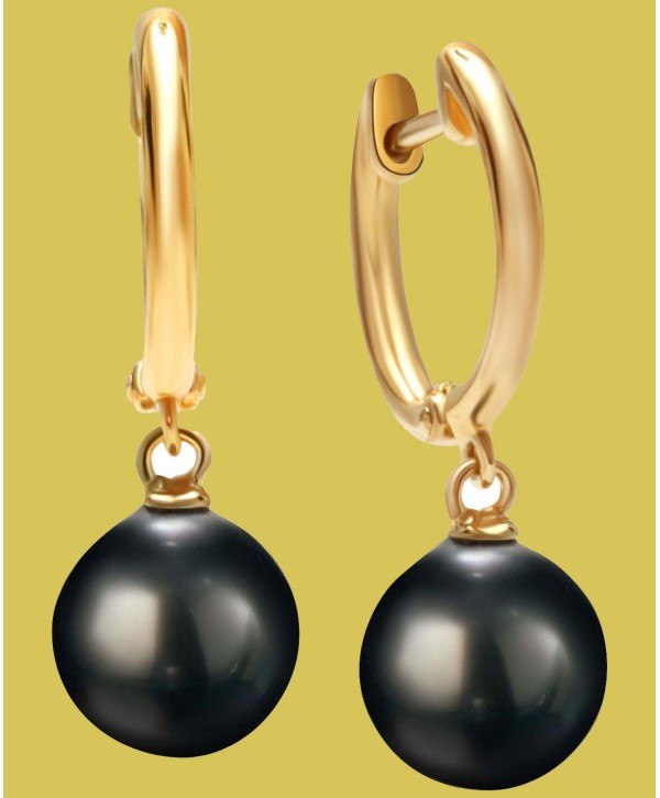 Cultured Tahitian Pearl (9mm) Dangle Hoop Drop Earrings in 14k Gold-Plated