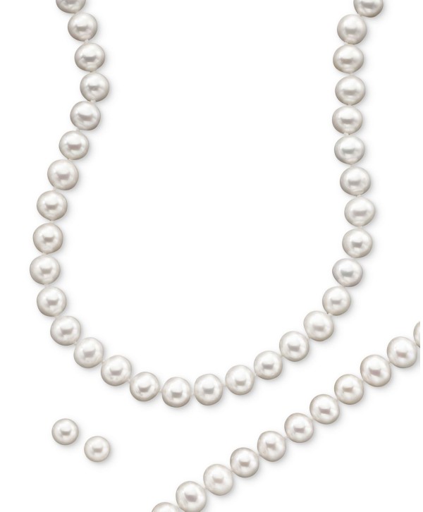 Cultured Freshwater Pearl Necklace (8-9mm), Stud Earrings (7mm) & Bracelet (8-9mm) Set in 14k Gold