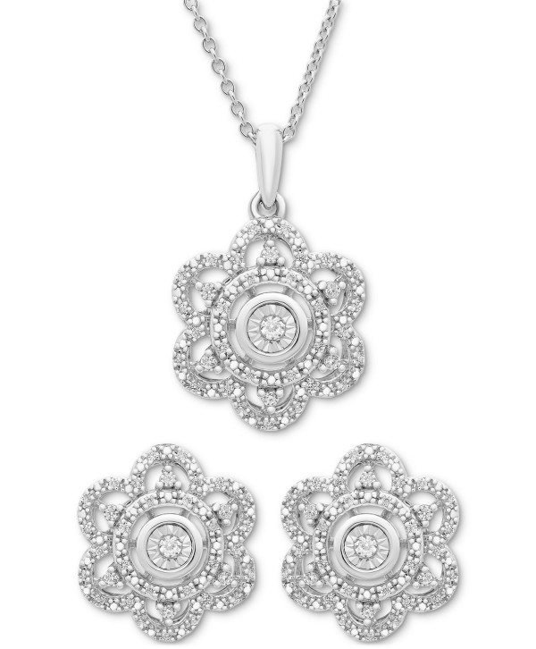 Diamond Scallop Pendant Necklace & Matching Stud Earrings