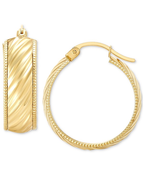 Wide Width Diagonal Textured Small Hoop Earrings in 10k Gold, 1