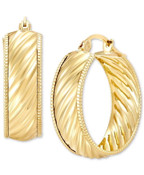 Wide Width Diagonal Textured Small Hoop Earrings in 10k Gold, 1