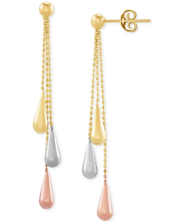 Tri-Gold Linear Drop Earrings in 14k Gold, White Gold and Rose Gold, 2 inch