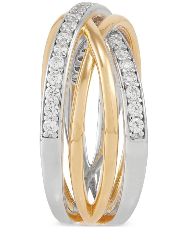 Cubic Zirconia Multirow Crossover Ring & 14k Gold-Plate