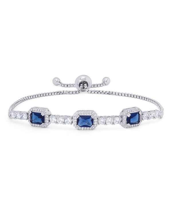 Sapphire and Cubic Zirconia Emerald-Cut Adjustable Bracelet in Fine Silver Plate